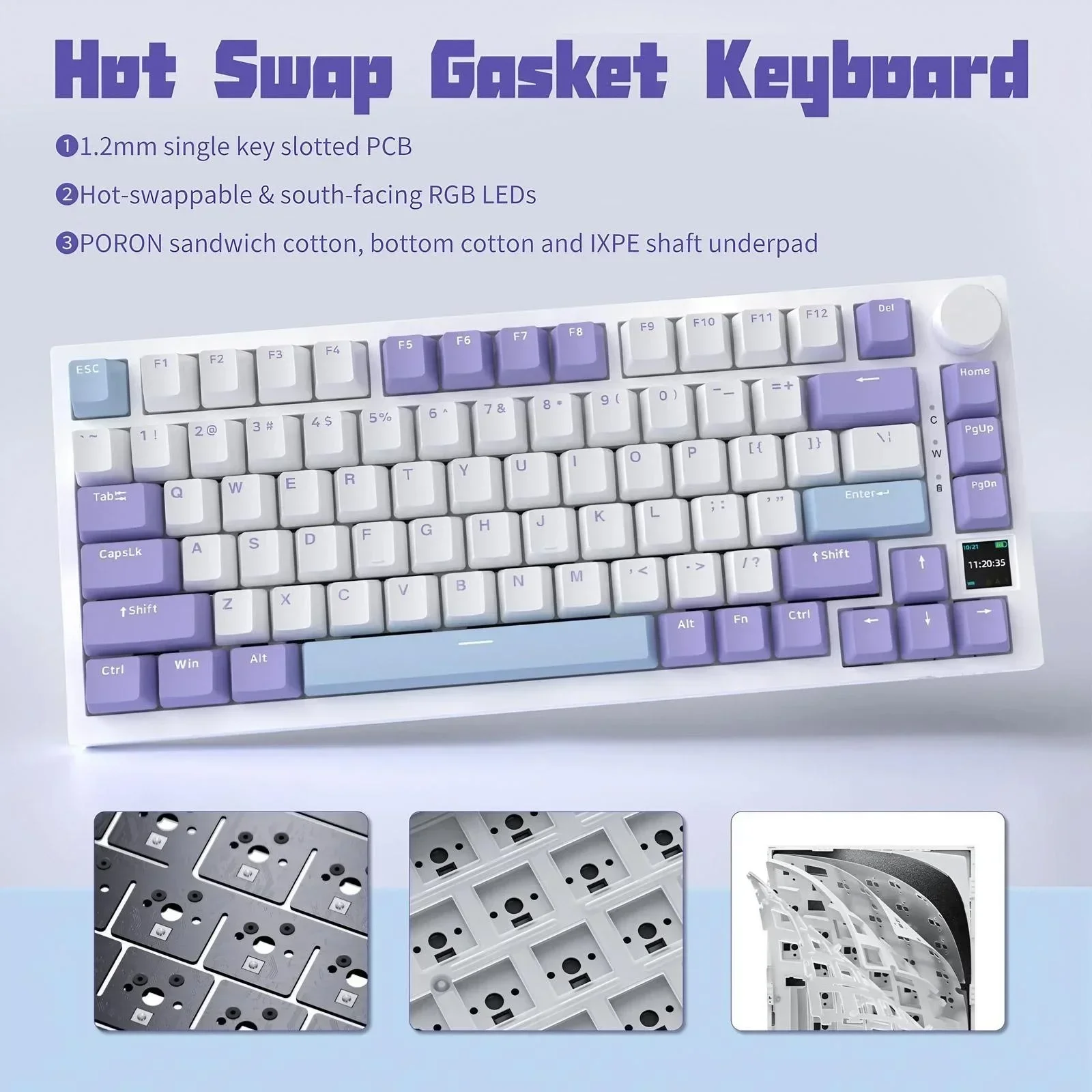 คีย์บอร์ดแบบ Hot Swap 75 ปุ่ม พร้อมไฟ RGB LED หน้าจอ TFT แบตเตอรี่ 4000mAh เชื่อมต่อแบบ BT 24G แบบมีสาย ควบคุมด้วยปุ่มหมุน สำหรับอีสปอร์ต รองรับ Windows และ Mac