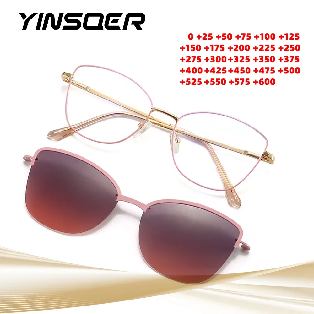 3 in-1 New Fashion Glasses Metal Frame Cat Eye Anti Blue Light Optic Reading Eyeglasses with Magnetic Clip-On Polarized Lenses