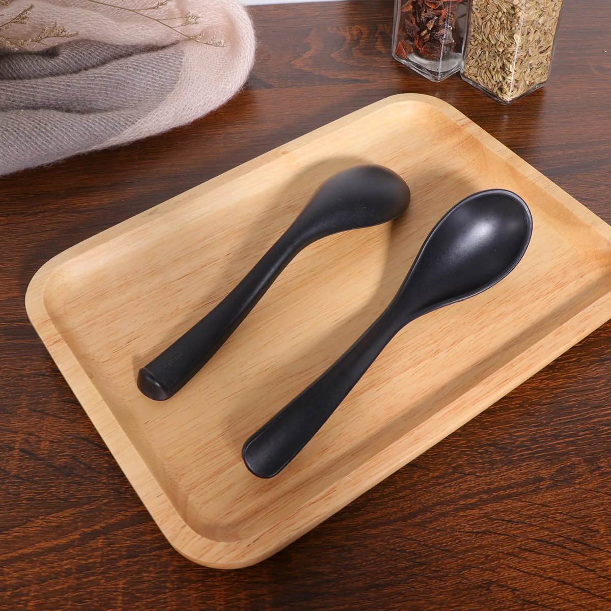 

6pcs Black Soup Melamine Long Handle Diningware Restaurant Spoon Wonton Miso Ramen Dessert Serving Eco-Friendly for Food