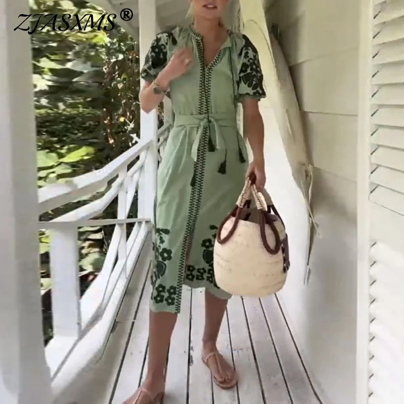 Neue Frühling Floral Print Boho Urlaub Kleid Frau O Neck Tie-up Quaste Party Kleider Sexy Laterne Kurzarm Sommer strand Kleid