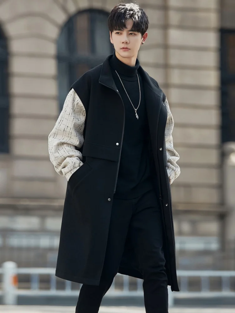 

Men's Mid-Length Over-Knee Woolen Coat Autumn Winter Faion Urban Sle Warmth-Kee Long Sve Zipper Closure Color
