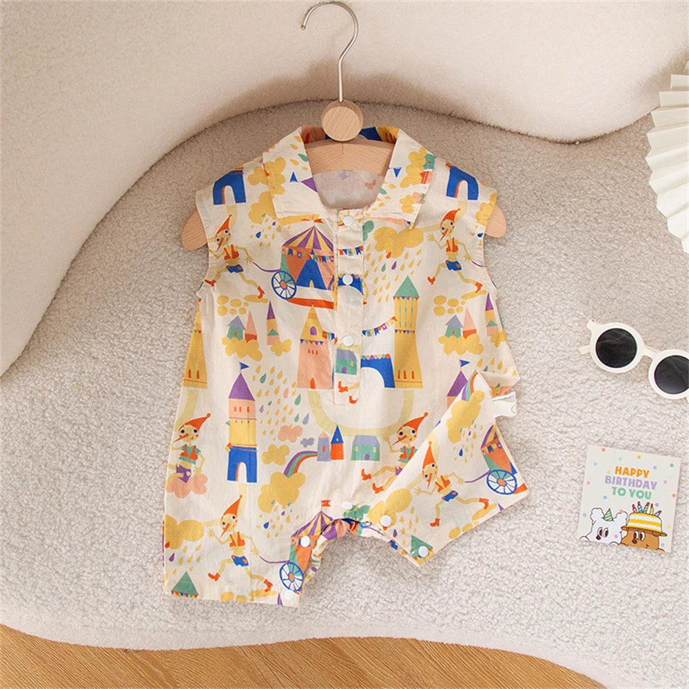 

Baby Boys Girl Onesie Lapel Summer New Out Clothes Newborn Clothes Printed Sleeveless Vest Short Crawling Suit