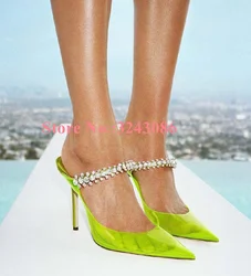 New Fluorescent Green PVC Crystal Sandals Fashion Lady Pointed Toe Thin Heel Rose Red Transparent Casual Slippers Woman Heels