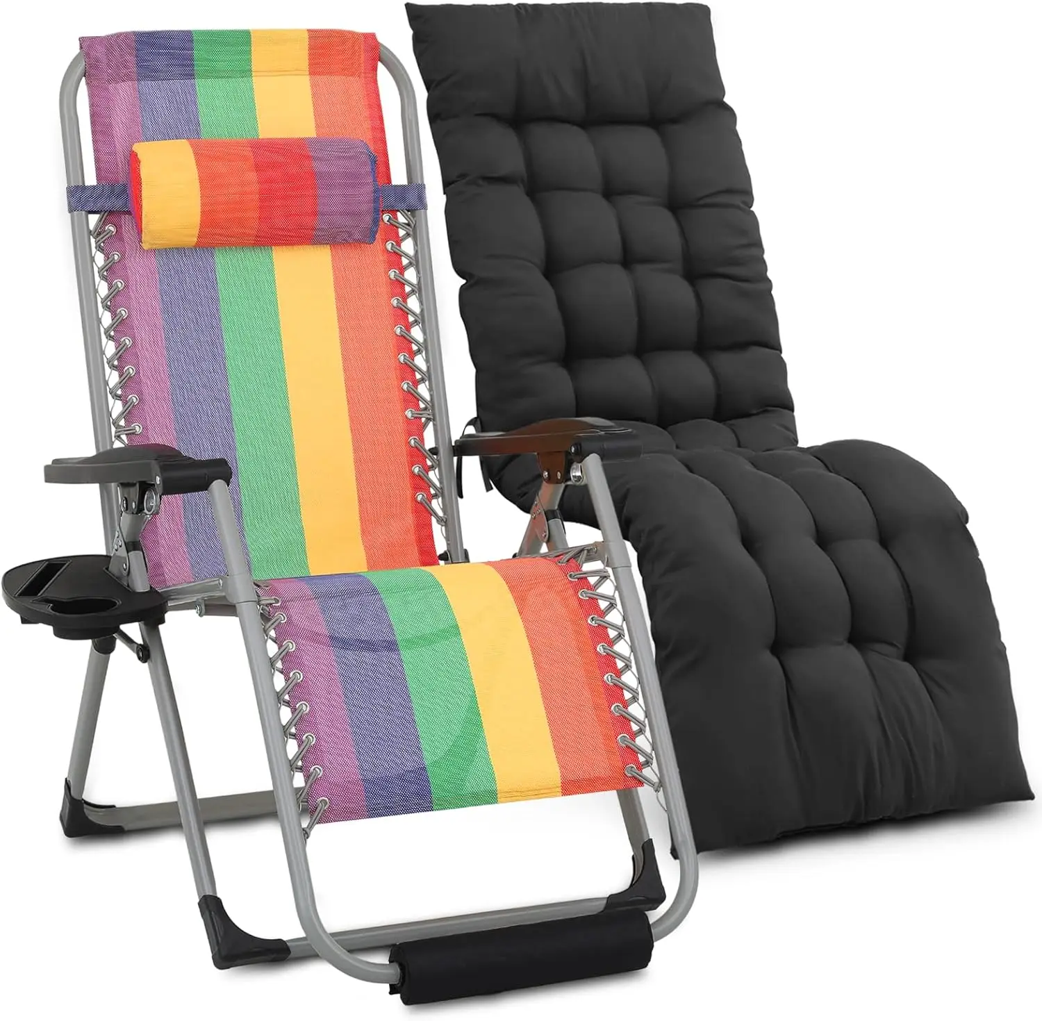무중력 라운지 의자 쿠션, 파티오 안티 그래비티 리클라이너, 접이식 야외 라운저, 컵 거치대 트레이, 머리 받침