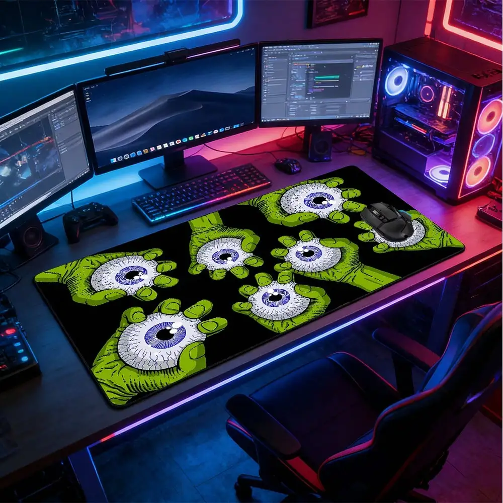 1pc Extra Large Black Background Green Eye Pattern Mouse Pad, Soft Cloth Material With Non-Slip Rubber Base And Stitched Edges. American Retro Horror