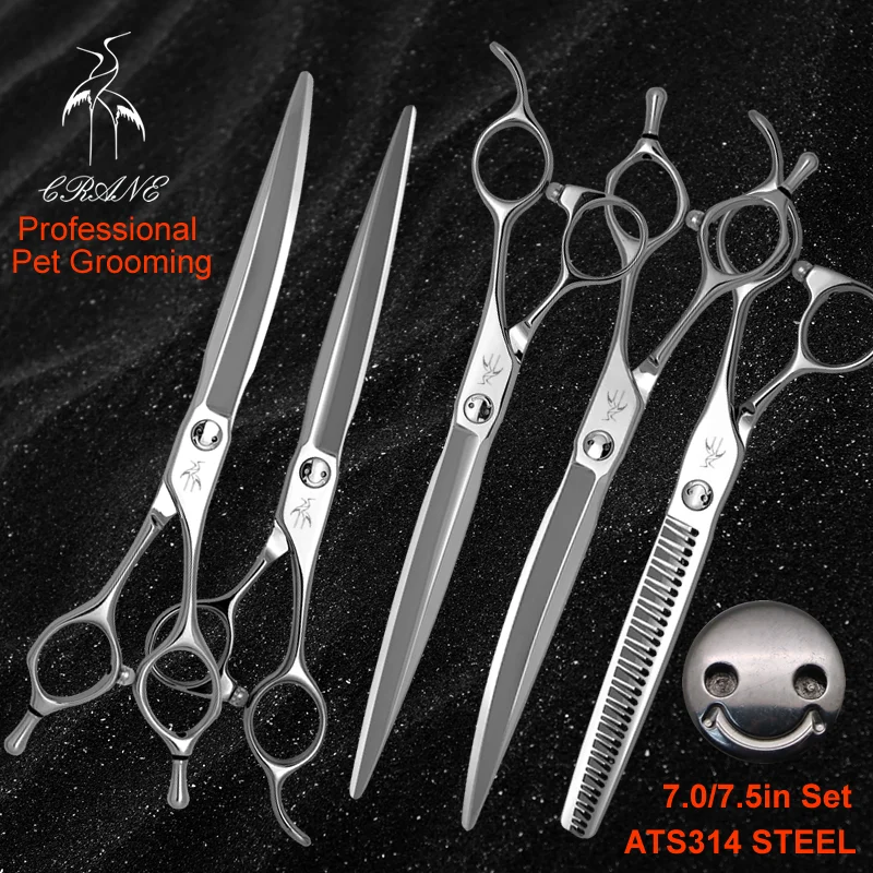 Crane 7.0/7.5in High-end Pet Scissors Set ATS314 Steel For Dog Grooming Cut Scissors Straight Curved Chunker Thinning Shears