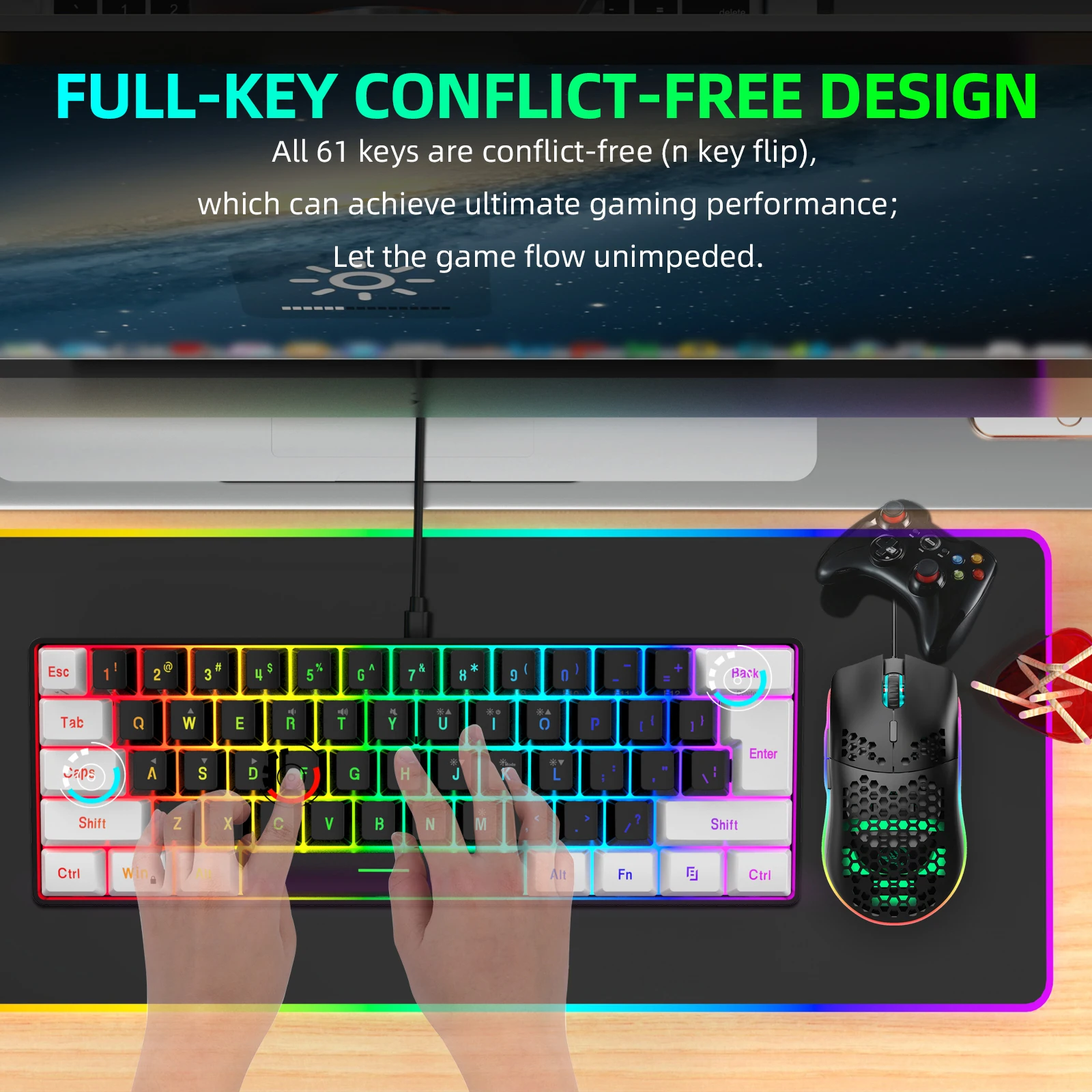 Imagem -04 - Hxsj-wired Rgb Backlit Ergonomic Gaming Keyboard e Mouse Conjunto para Laptop Combos Leves Hot Sale 60