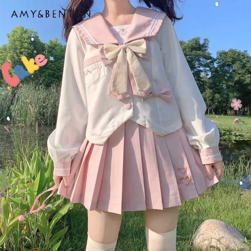 2024 Japanese JK Uniform College Style Suit Cute Cartoon Pink White Black Purple Outfit Sailor Collar Short Sleeves Top Set Girl