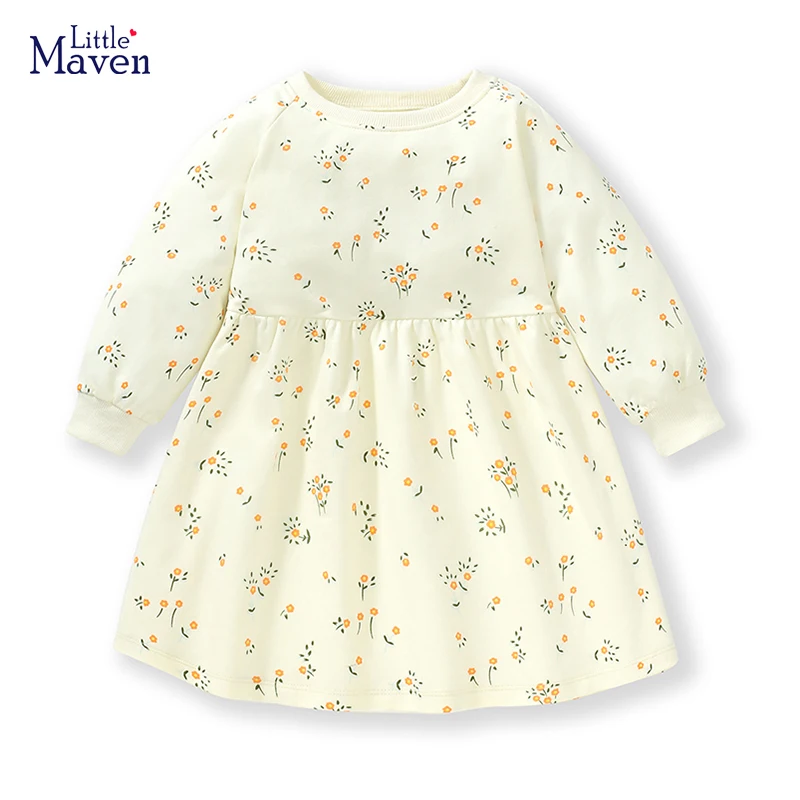 Little Maven 2024 Abito per ragazze Abiti eleganti in cotone Abbigliamento per bambini Fiori Stampa Primavera Autunno Vestiti per neonate