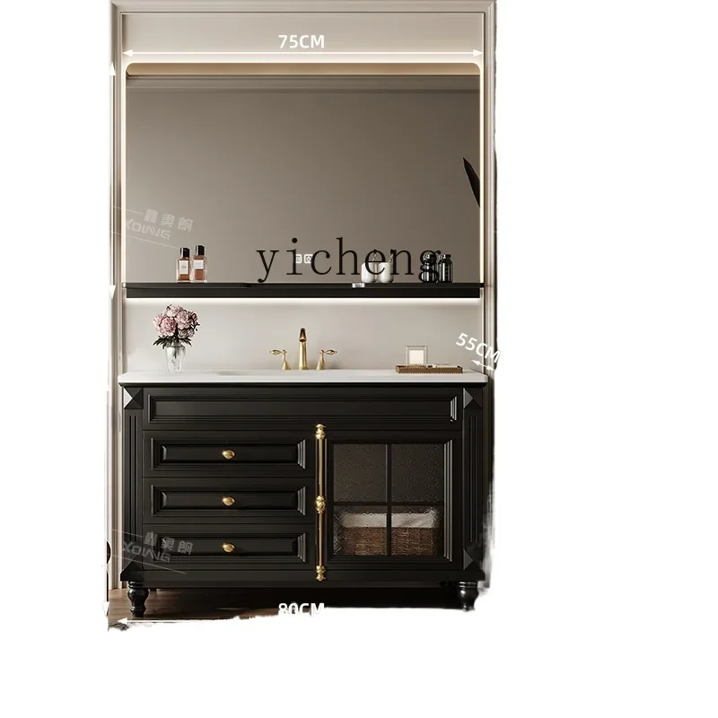 TQH oak bathroom cabinet combination bathroom rock slab hot bending integrated washing table hand washbasin floor type