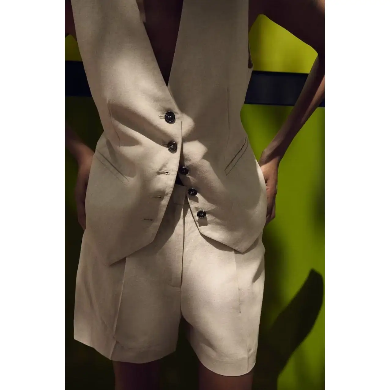 Spring Commute Casual High Waist Mixed Fabric Shorts And Vest Two Piece Set Women's Fashion Ensemble Polyester Fabric