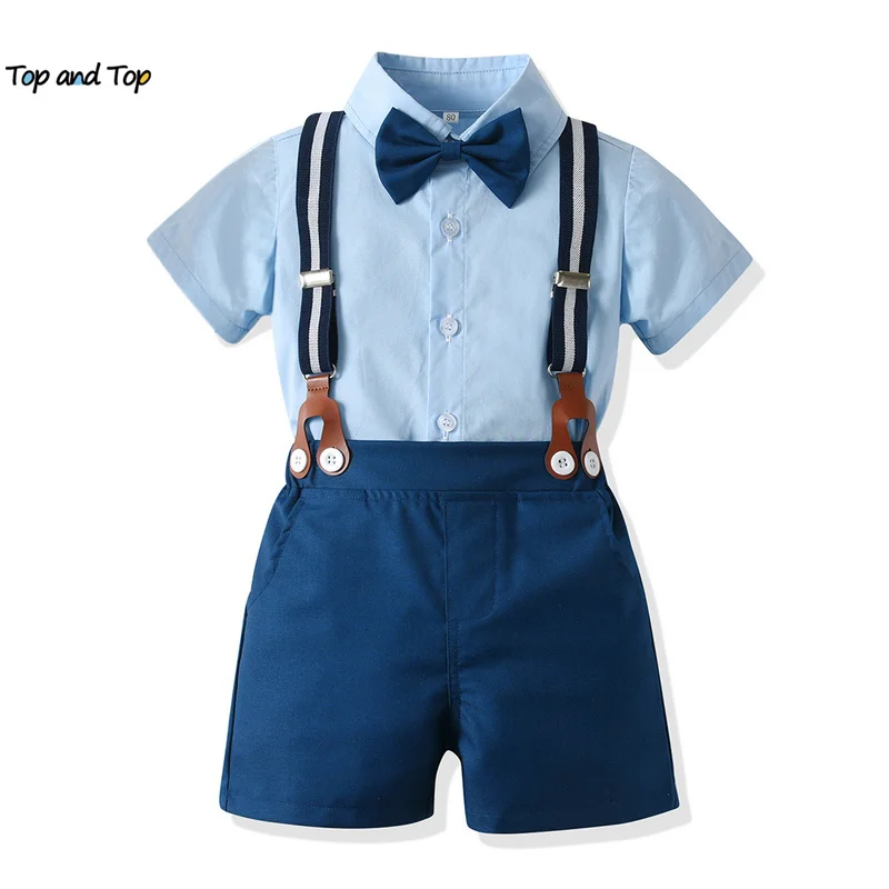 

top and top Summer Children Boys Gentleman Clothing Sets Kids Boys Shorts Sleeve Bowtie Shirts+Suspenders Formal Suits Outfits