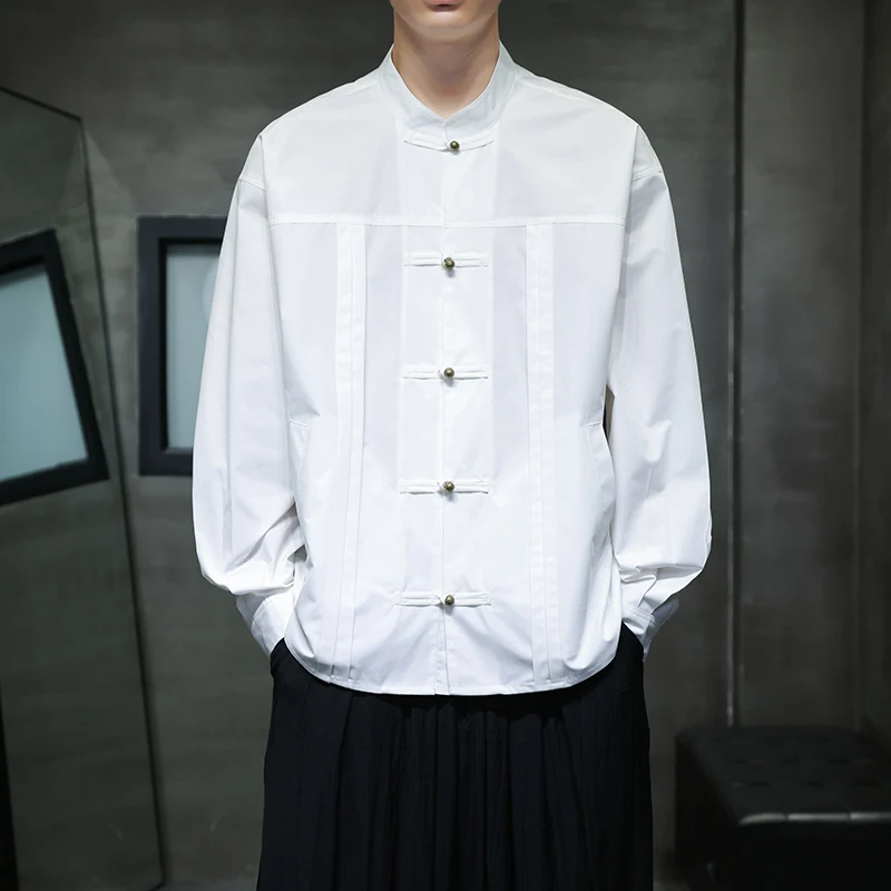 

Autumn Men Shirt Mandarin Collar Oversize Shirts Man Long Sleeve Chinese Style Shirts Formal Black White Casual Retro Tops