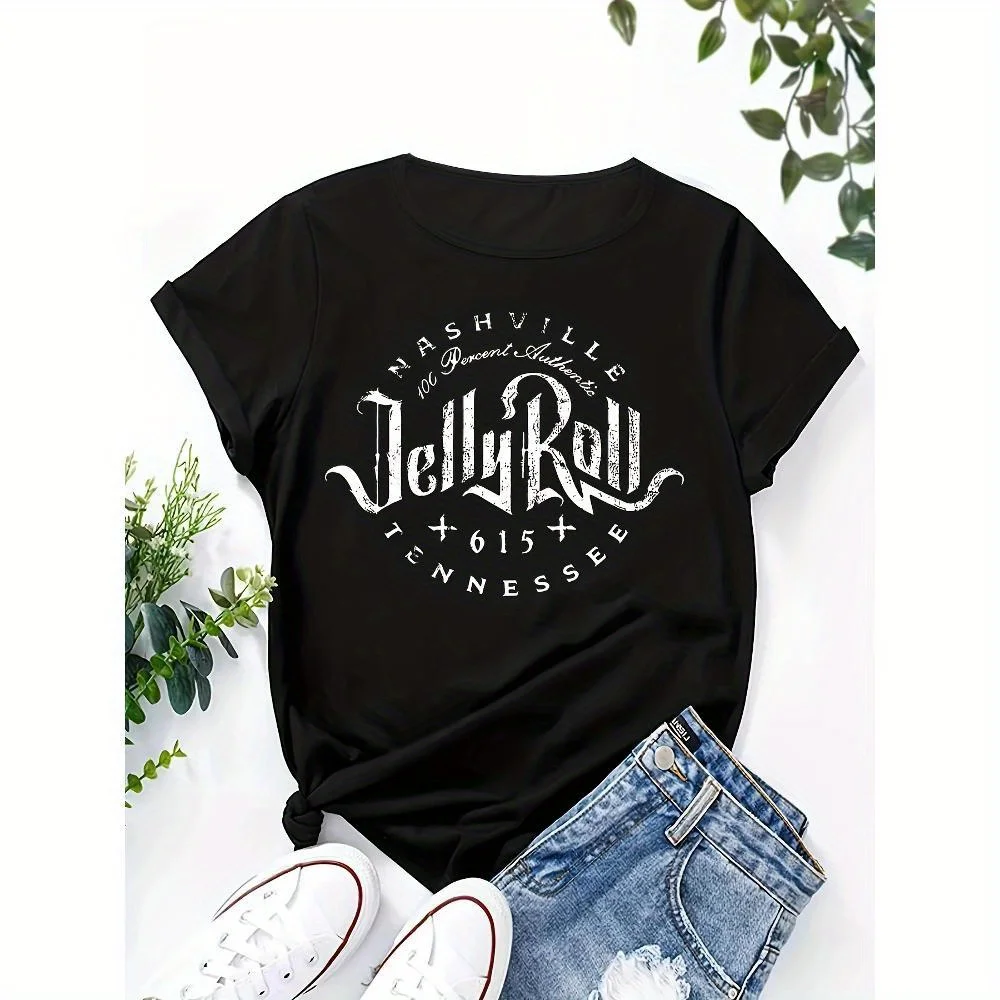 

Plus Size Nashville Jelly Roll Graphic T-Shirt - Casual Crew Neck, Medium Stretch, Short Sleeve - 95% Polyester
