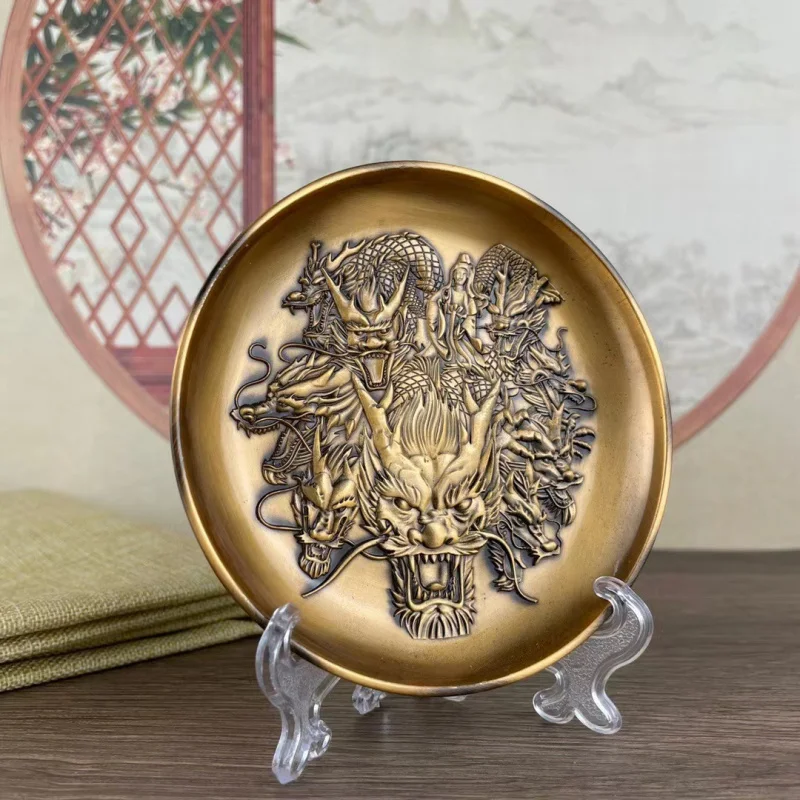 Antique Miscellaneous Collection Retro Brass Plates Ornaments Dragon Phoenix Kirin Gold-Devouring Beast Cloud Dragon Multiple Pl