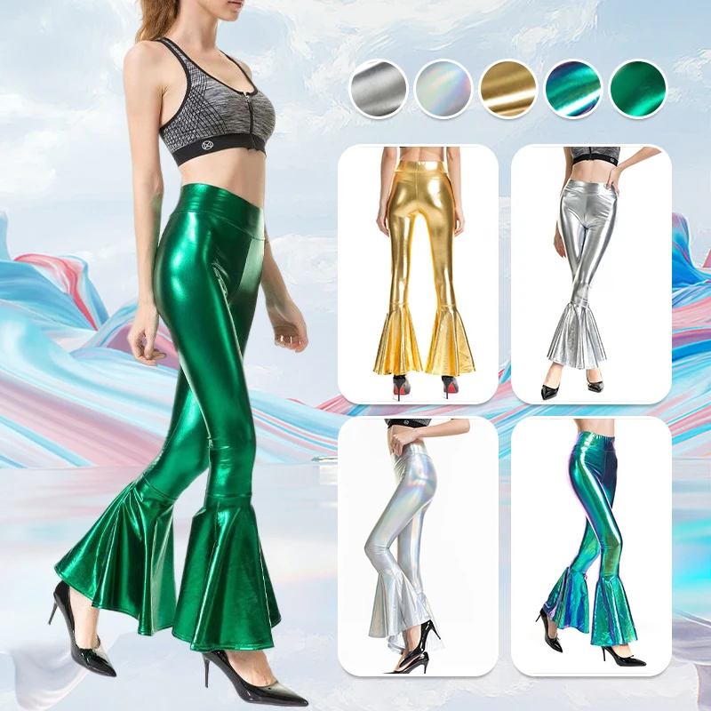 Women's Metallic Shiny Laser Flare Trousers Wetlook Ruffle Skinny Stretch Pants Club Retro 70s Disco Dance Trousers Bell Bottoms