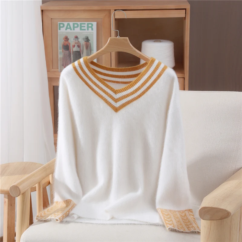 

New Autumn Winter Women's 100% Mink Cashmere Sweater V-Neck Striped Pullover Casual Soft Fluffy Warm Lazy Clothing Mink Cashmere
