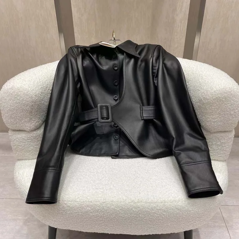 Genuine Leather Jacket Short Turn-Down Collar Clothes With Belt New Fashion Women Coat Spring Delicate And Soft Sheepskin