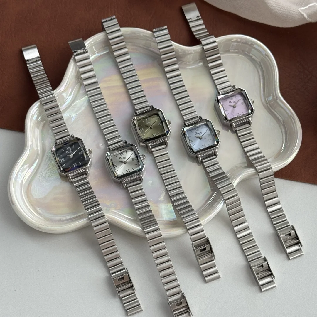 Reloj de cuarzo plateado de lujo para mujer, reloj de pulsera cuadrado de acero inoxidable con esfera pequeña y correa de bambú para chica y estudiante, envío directo
