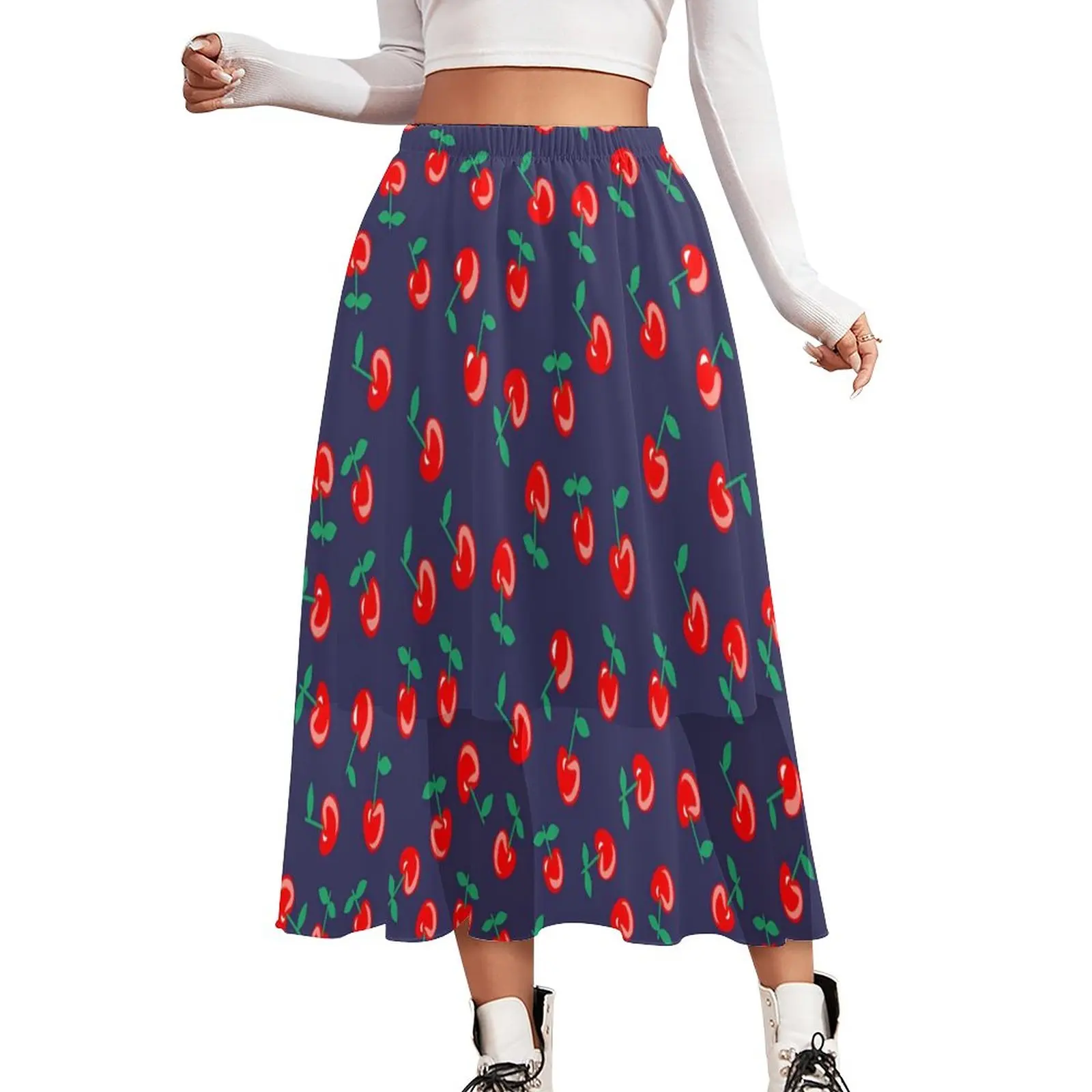 Sweet Cherries Skirt Ladies Red Fruit Print Cute Boho Skirts Printed Elastic Waist Y2K A-line Skirt Big Size 3XL 4XL