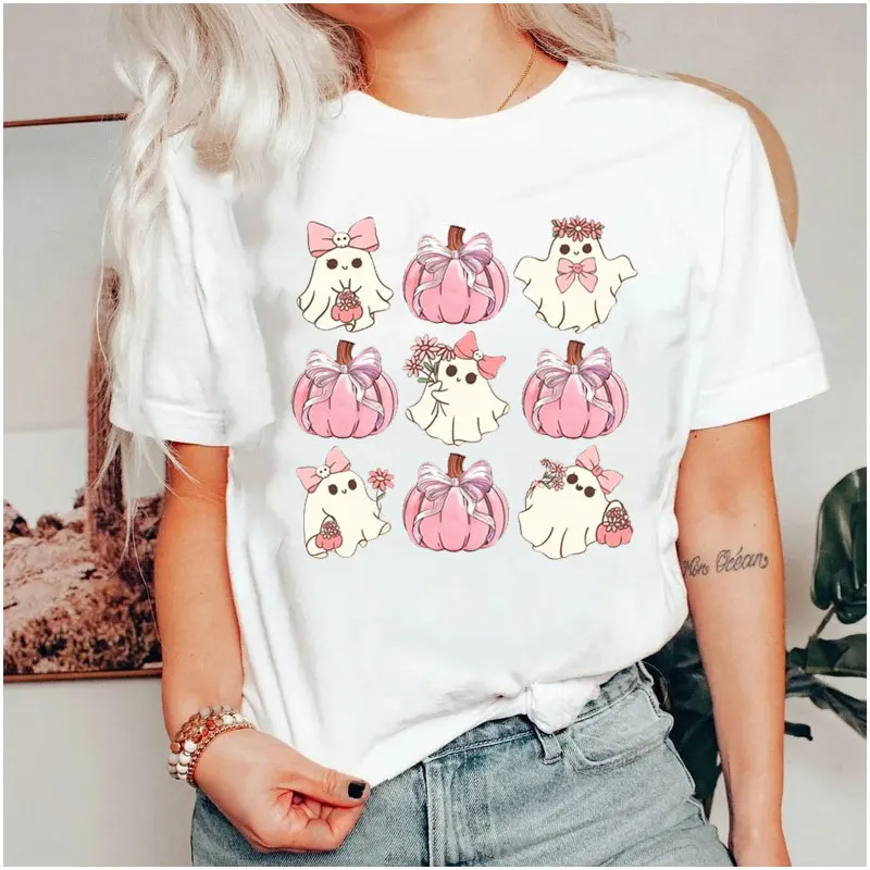 In October We Wear Pink Print Shirts Ghost Coquette Bow Retro Fall Pumpkin Bow Halloween Cute Pink Ghost Breast Cancer Awareness