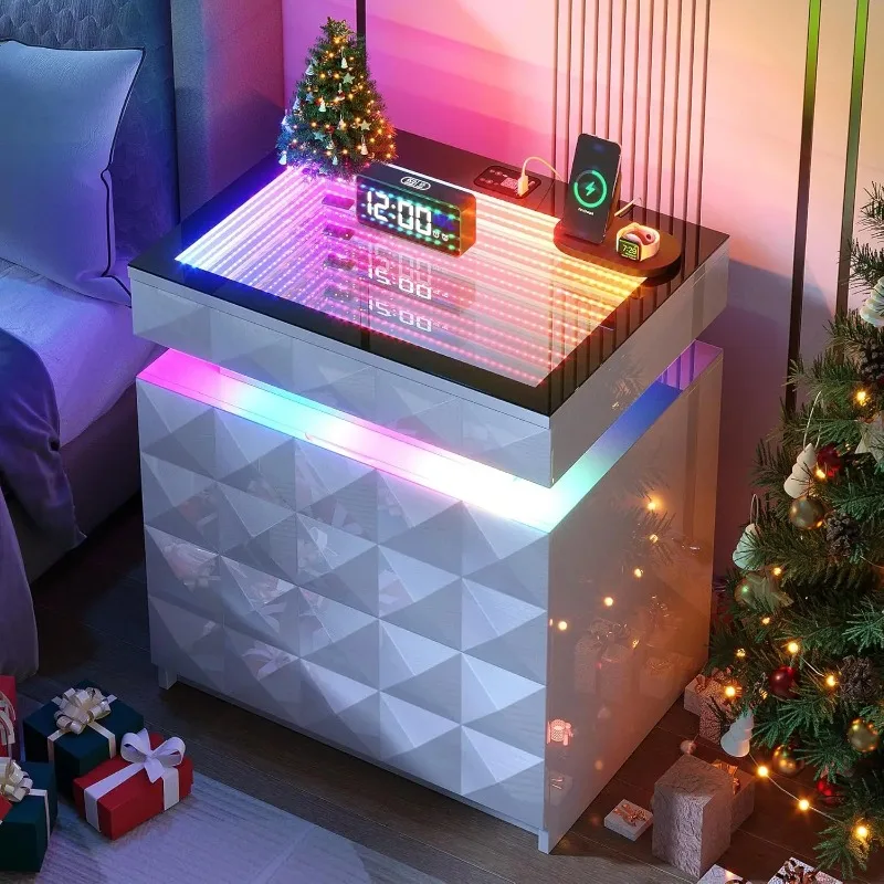 Night Stand with Charging Station and RGB Lights, LED Nightstand with Tempered Glass and Sliding Top, 3 Drawers, Customized