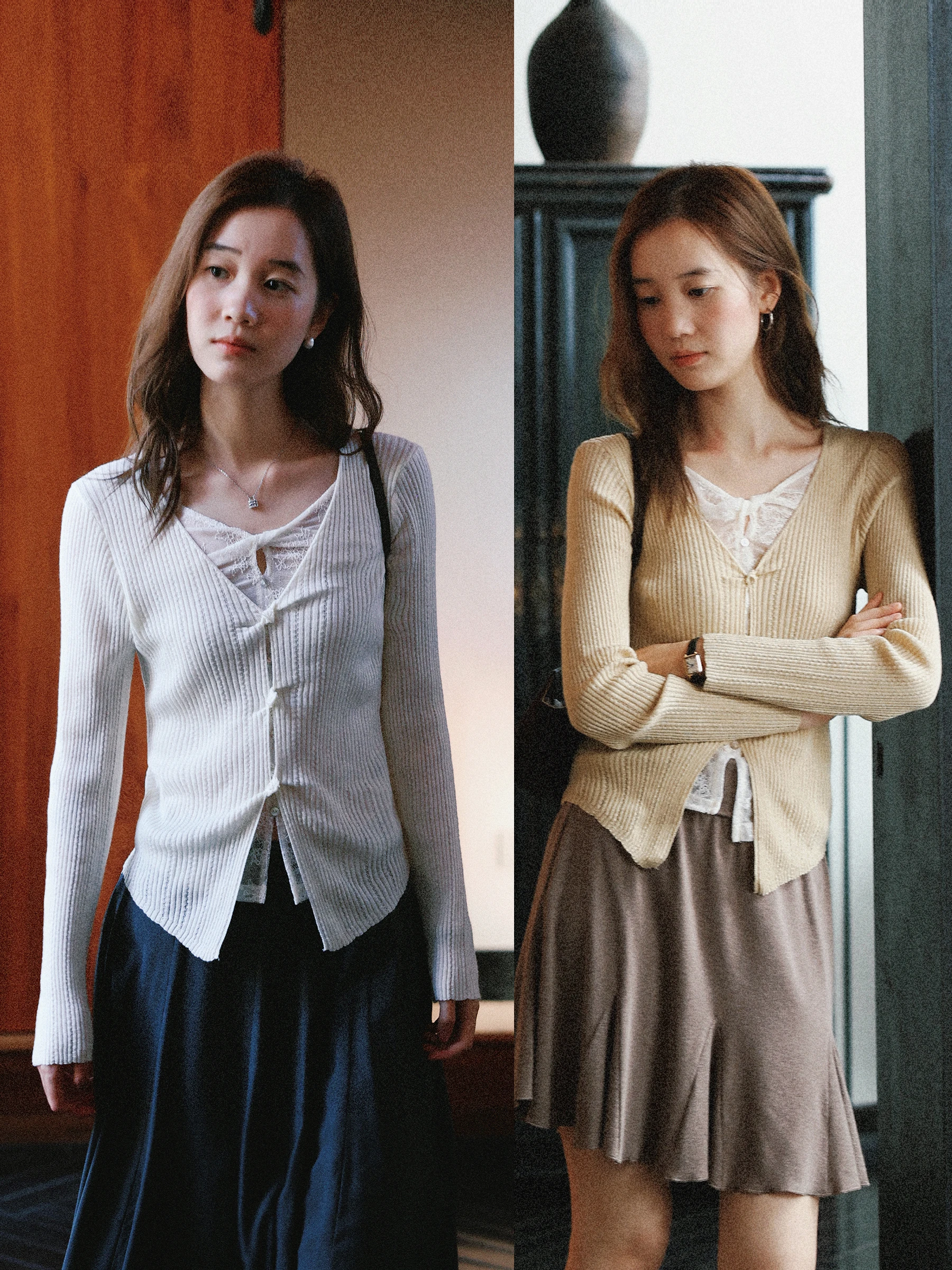 MUNNS RUIXI Vintage Lace Splicing Knitted Open Cardigan Women's V-neck Slimming Long Sleeve Top Polyester Nylon Acrylic Wool ...