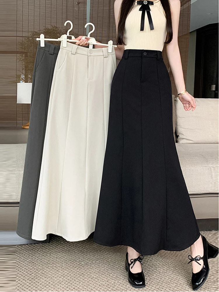 Fashion Korean Style Fishtail Long Skirt Woman Spring Vintage High Waist Bodycon Ladies Skirts Beige Black Grey Falda Largas