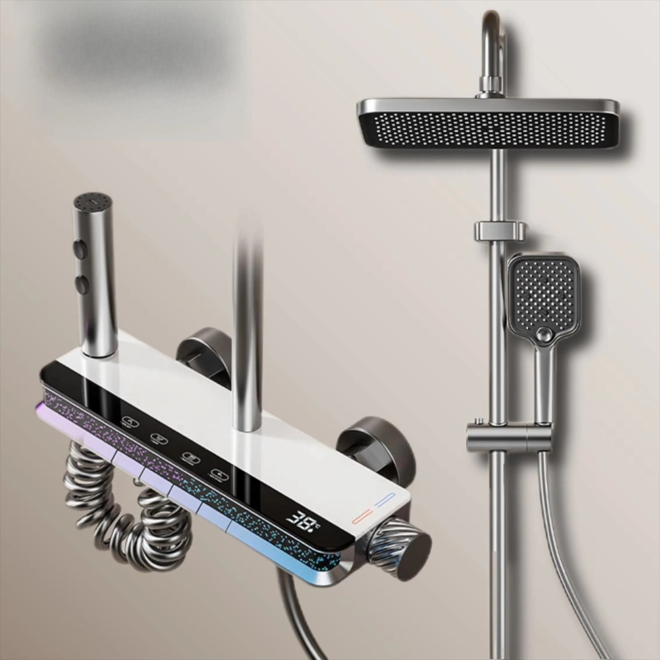 

Copper Exposed Shower Mixer Faucet LED Bathroom Thermostatic Shower Valve Piano Rain Shower System Set