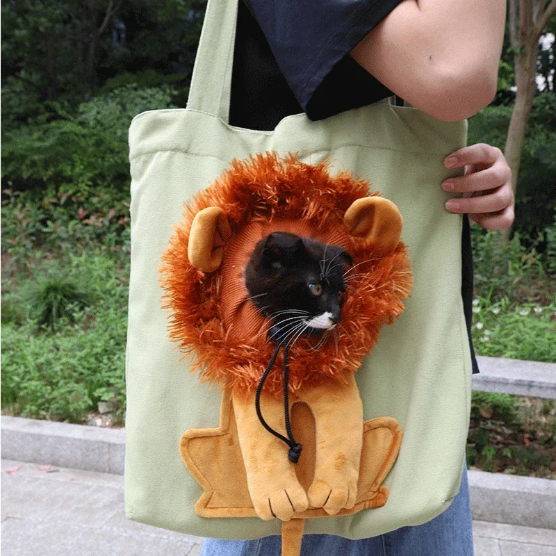 Cartoon Lion Shoulder Bag Lovely Exposed Head Pet Canvas Bag Outgoing Travel Portable Handbag Small Cats Carrier Soft Breathable