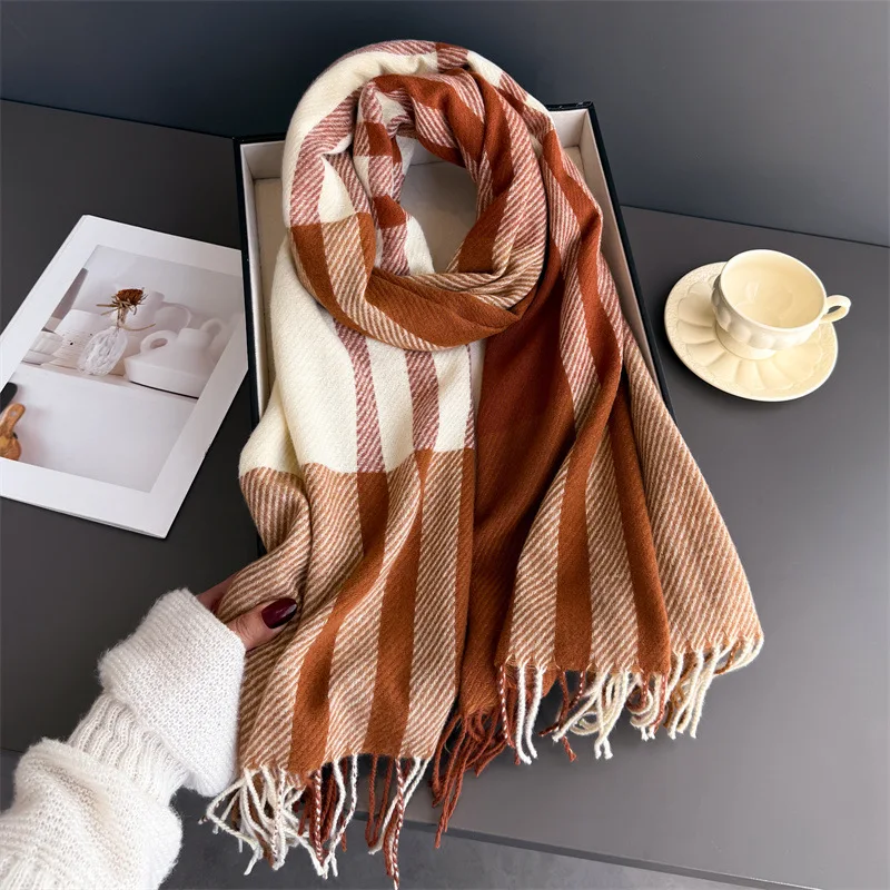 Plaid Tassel Faux Cashmere Scarf for Women Thick Warm Winter Shawl Wrap Soft Neck Cover for Daily Wear