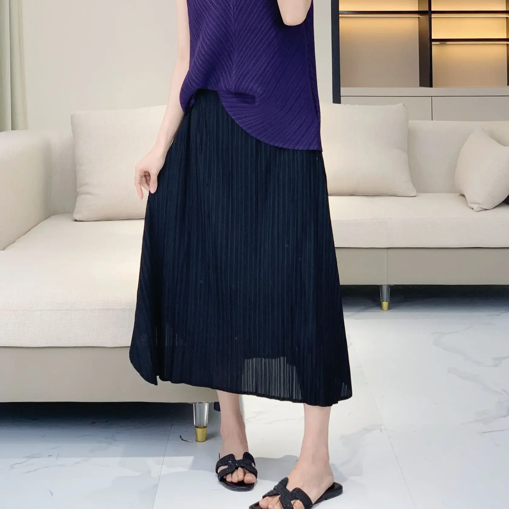 

Pelats Pleated Skirt Temperament Casual Solid Color Simple Jupe Women 2024 Summer New Pleated Hem Side Split Half-body Skirt