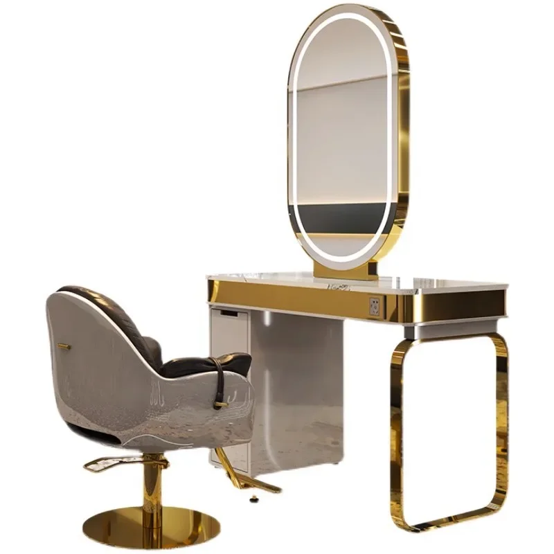 

hot sale barber shop gold stainless steel frame single double makeup styling station salon mirror package with LED light
