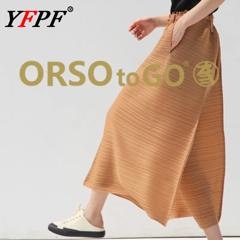 

YFPF Miyake Pleated Design Wide Leg Trousers For Women Lace-up Gathered Waist Solid Color Oversize Pants Fashion 2025 New
