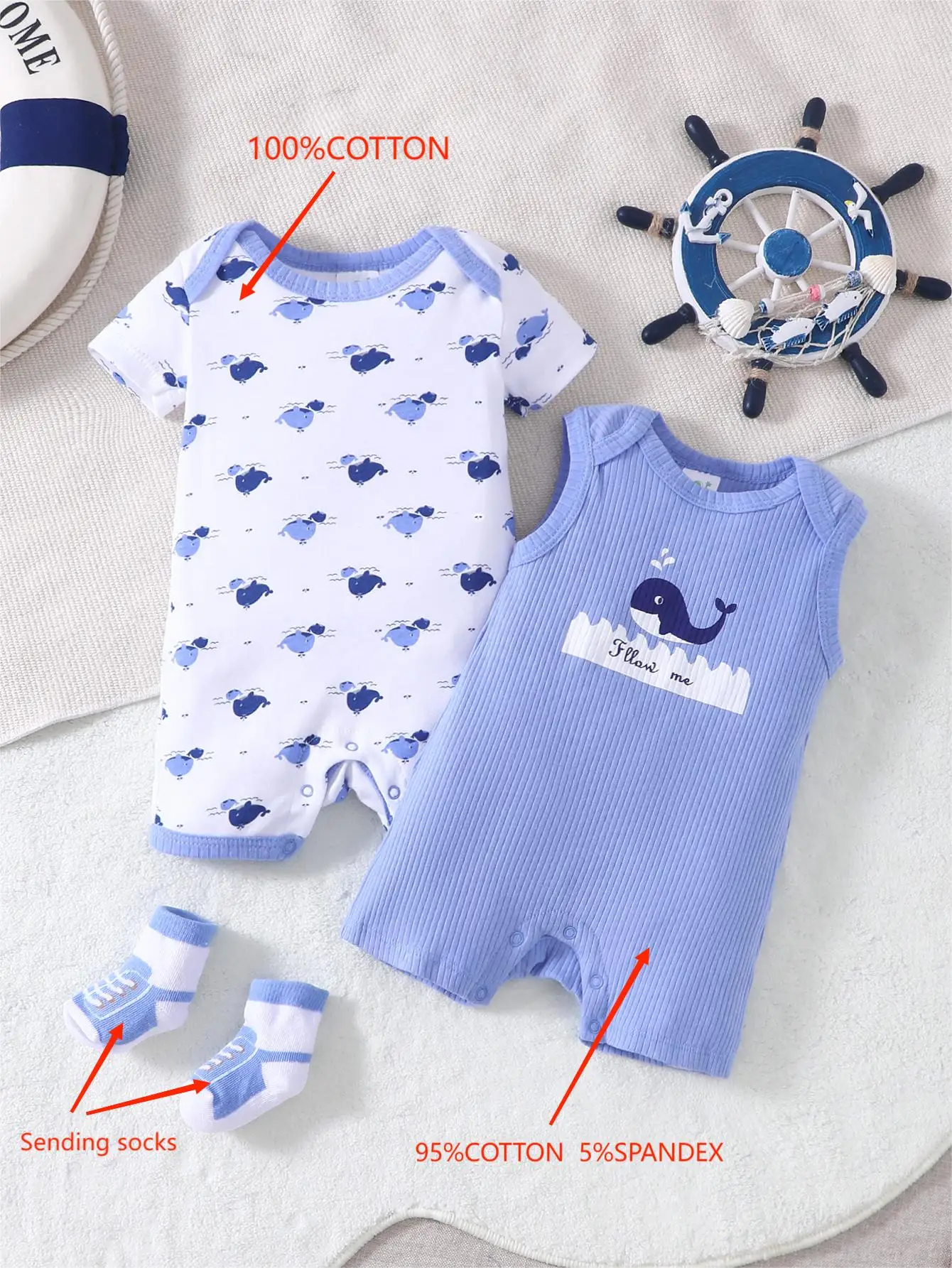 3PCS Baby Boys' clothing Summer Cute little Whale calf  pattern Breathable and comfortable cotton fabric