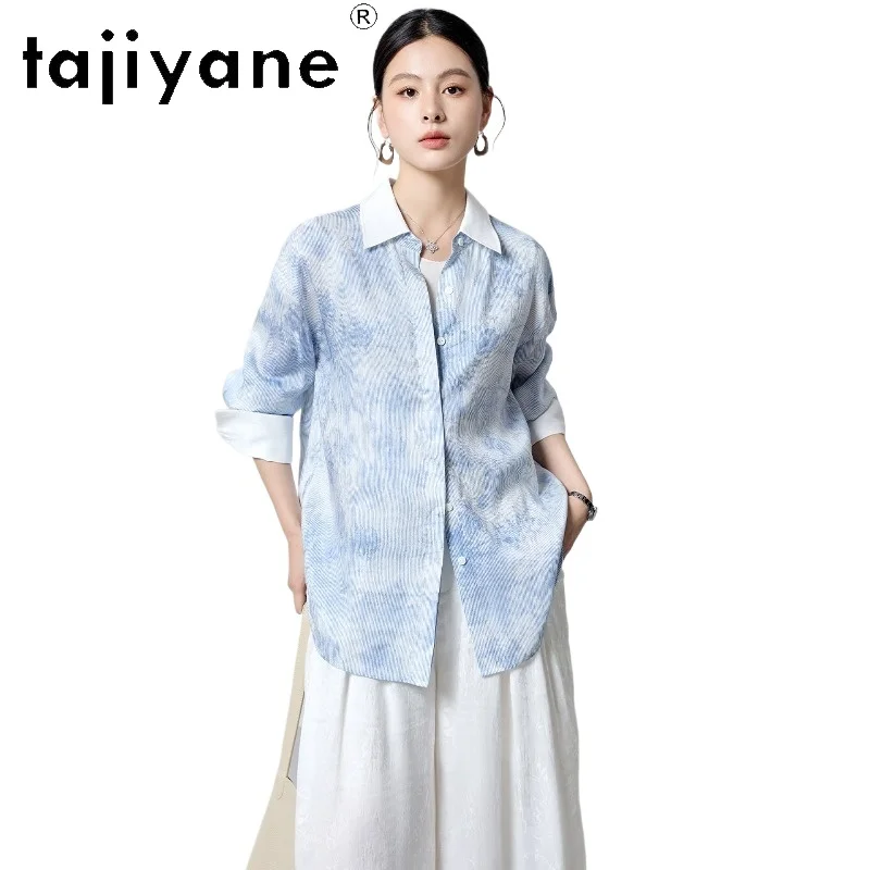 

Женская элегантная блузка TAJIYANE из смесового шелка (54,5% шелк тутового шелкопряда, 45,5% лен) с жаккардовым принтом, весенние топы 2026, женская одежда