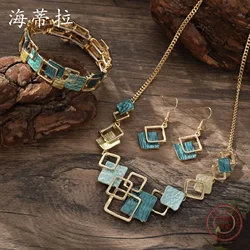 new color painting oil geometric square stud earrings bracelet necklace set, high-end women's jewelry set