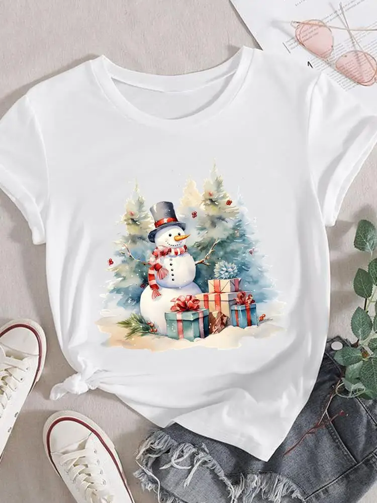 Snowman Cartoon Sweet Holiday Print Top Women Female Christmas Fashion T Shirt Clothes Graphic T-shirt Ladies Clothes Tee