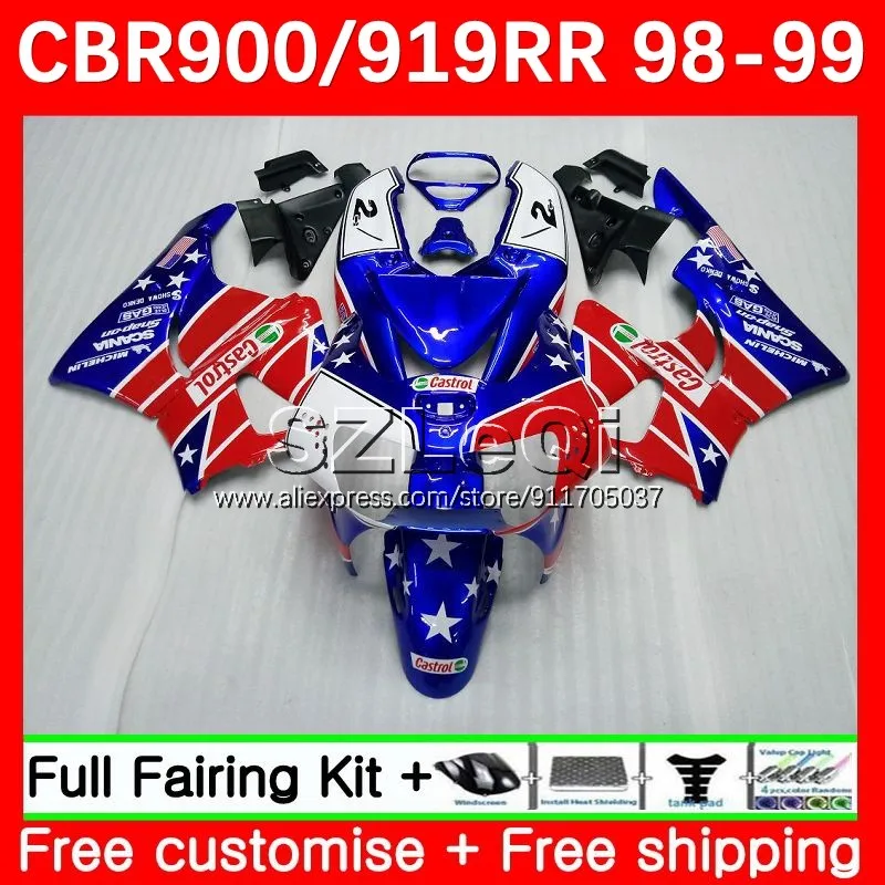 Bodywork + Decal For HONDA CBR 919RR 900 919 CC CBR919RR 46No.16 CBR900 CBR919 RR 98 99 CBR900RR 1998 1999 Castrol red Fairing