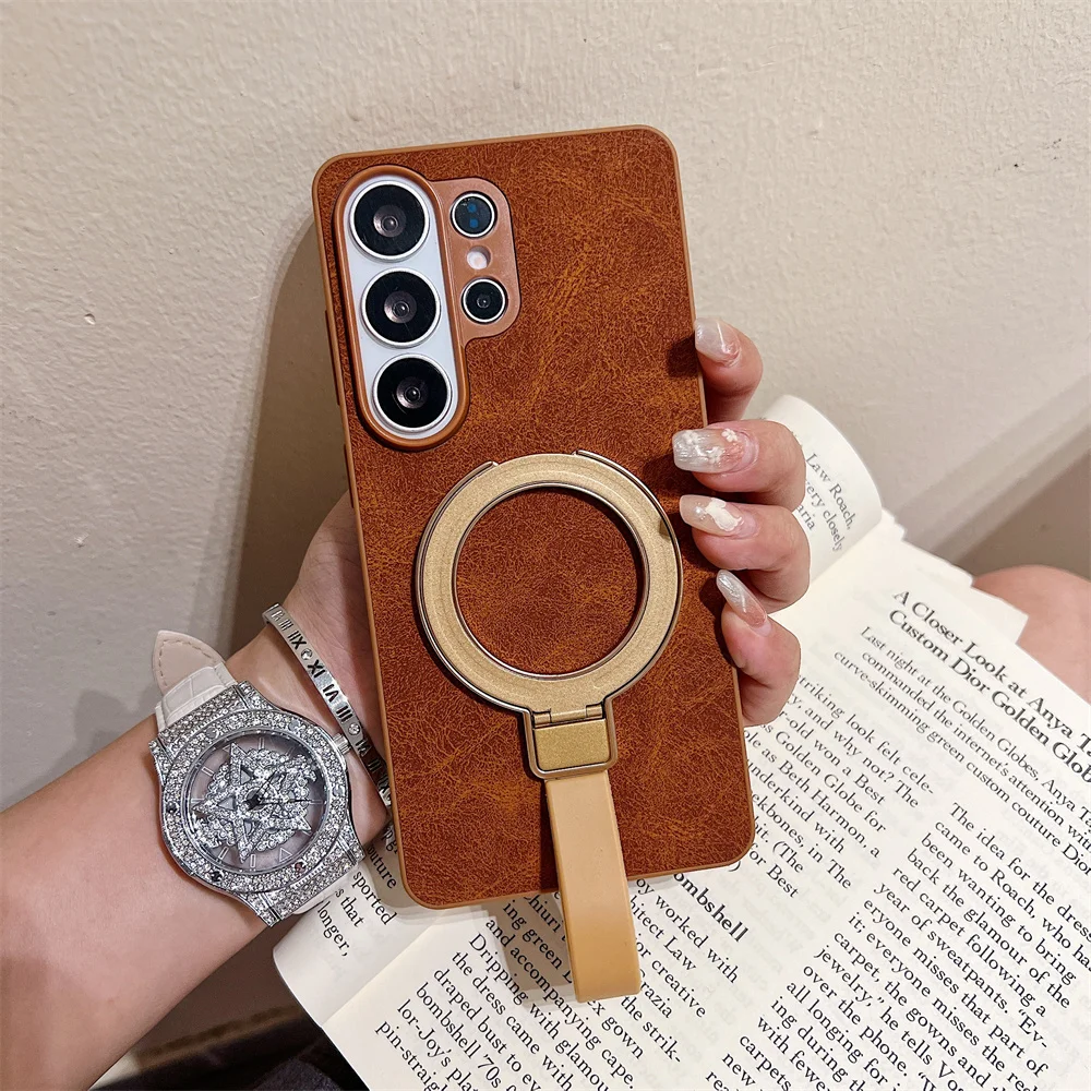 Vintage PU Leather Magnetic Ring Stand Phone Case for S26 Ultra Ring Holder Strap Protective Cover for Samsung Galaxy S25 A57
