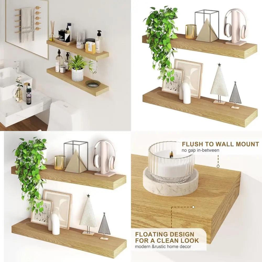 

Set of 2, 32 Oak Floating Wall Shelves with Hidden Brackets for Home Decor