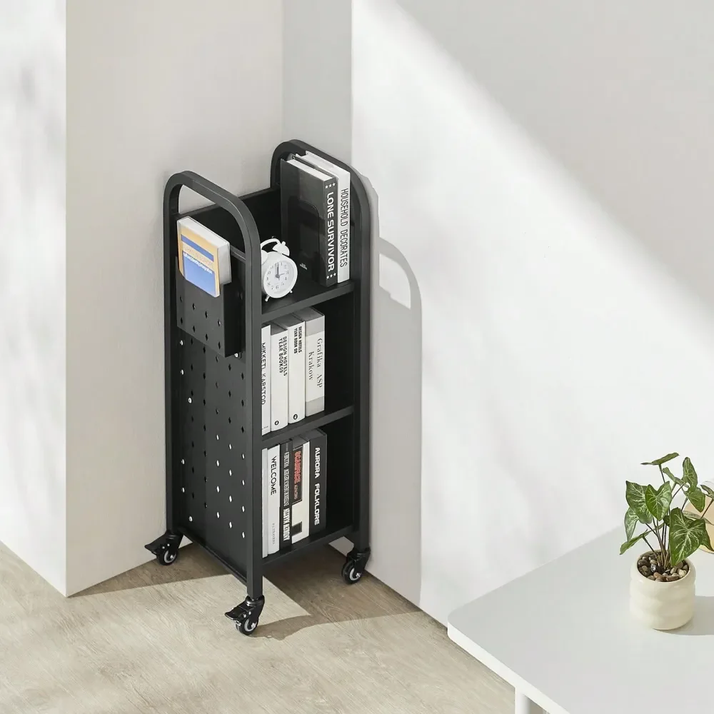 Library Book Cart, 220 Lbs Capacity, 12.6 X 13.8 X 36.8Inch Library Cart, Single Sided LShaped Shelves With 2Inch Lockable Whee