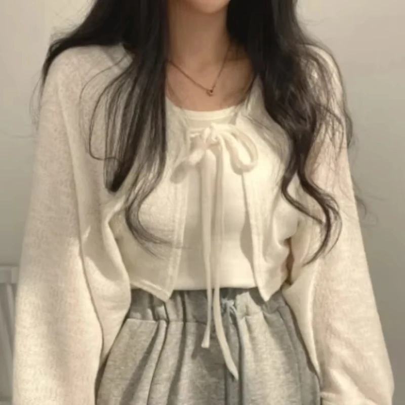 

Thin White Cardigan Women Summer Sunscreen Lace-up Knitwear Tops Lady Korean Style Casual Lantern Sleeve Short Sun Protected Top