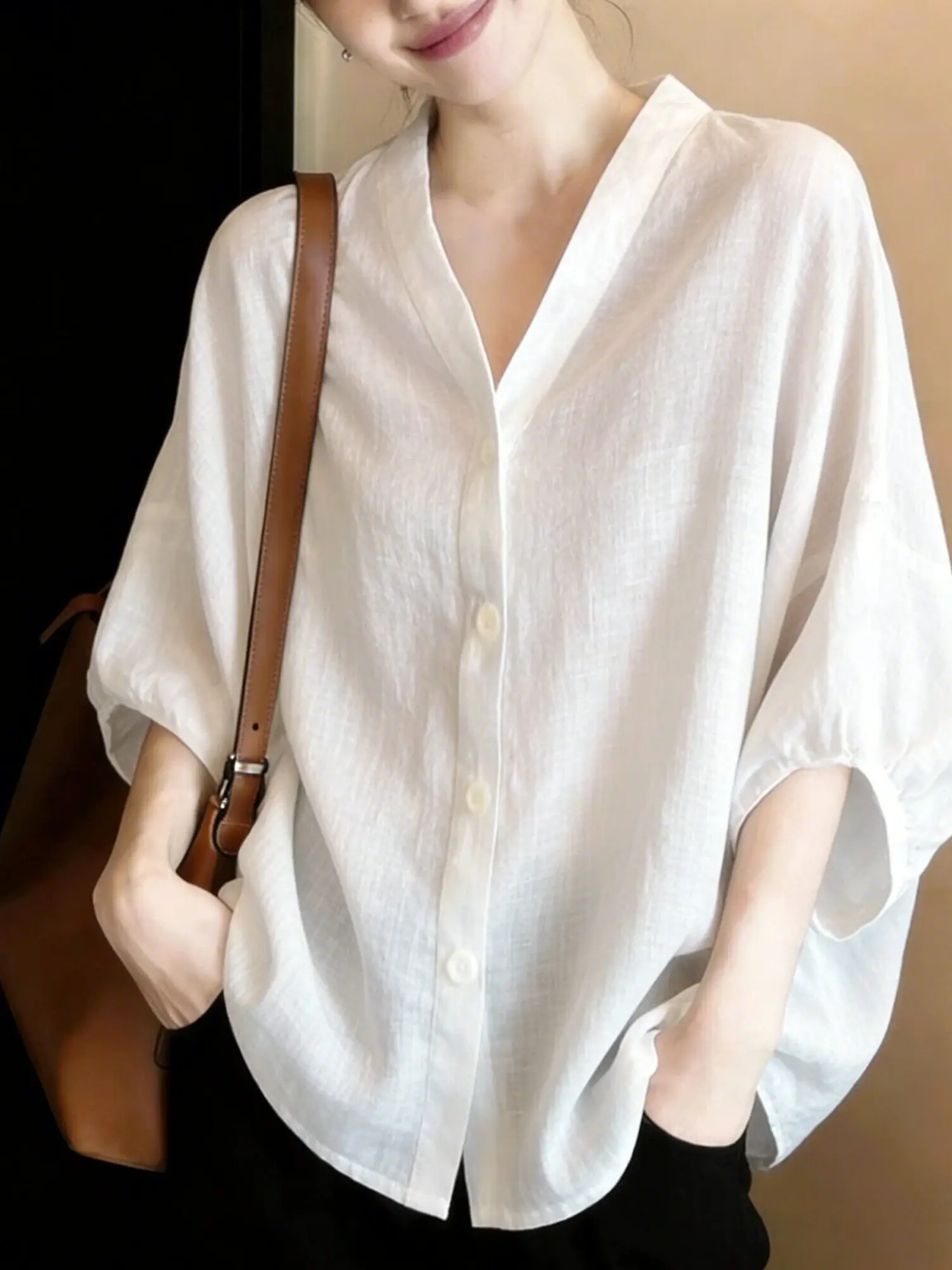 Minimalist White Sun Protection Shirt Korean Japanese Style Fashionable Summer Breathable Loose Fit V-Neck Five-Quarter Sleeve