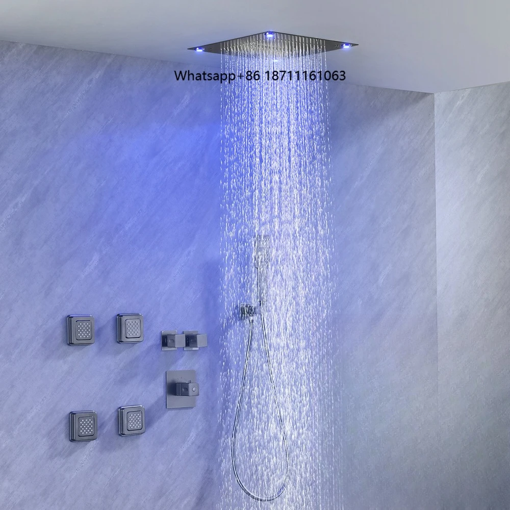 Bathroom LED Rainfall Shower Set Ceiling Embedded Mounted Head Shower Fauccets With 4 Massage Jets Powerful