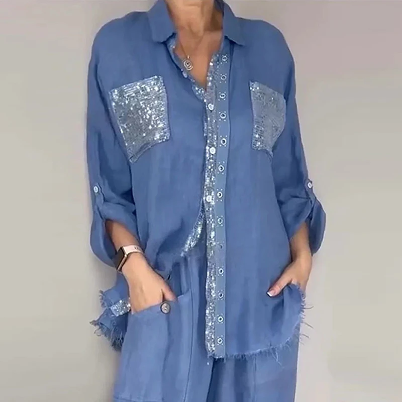 Women 2 Piece Set New Lapel Collar Roll‑Up Long Sleeve Sequin Patch Pocket Shirt Wide Leg Pant Suit Casual Loose Matching Outfit