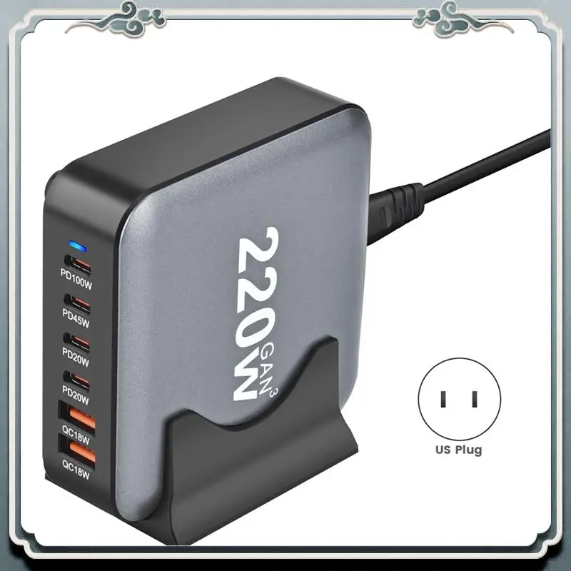 Premium New 220W Gan Desktop Charger 6-Port USB Type C PD Charger Fast Charge 3.0 Fast Charger Mobile USB Charger