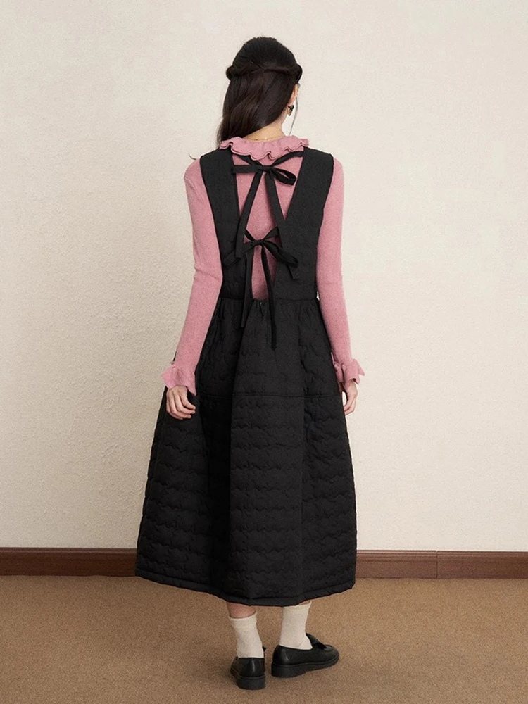 REDDACHiC Vestido feminino acolchoado de algodão, camada sólida, casual, bolsos, sem mangas, midi, vestido longo, roupa coreana de outono