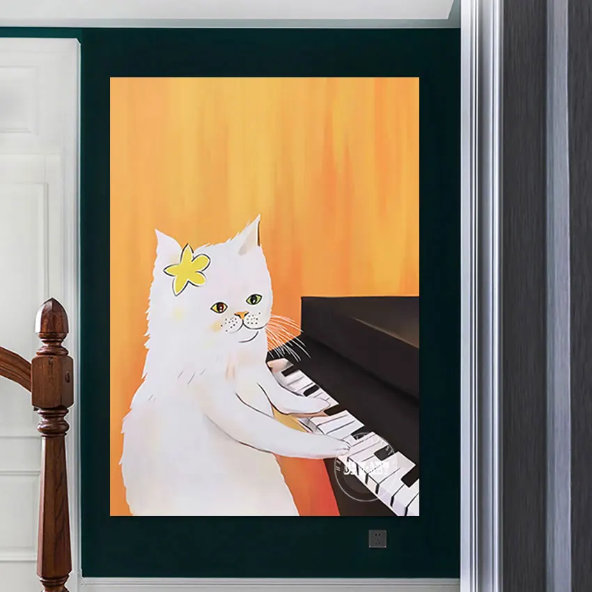 Cute Cat Cartoon Picture, 3D Piano Hand Drawing, Abstract Canvas Roll Design Wall, Frameless, Black And White Art Painting Decor