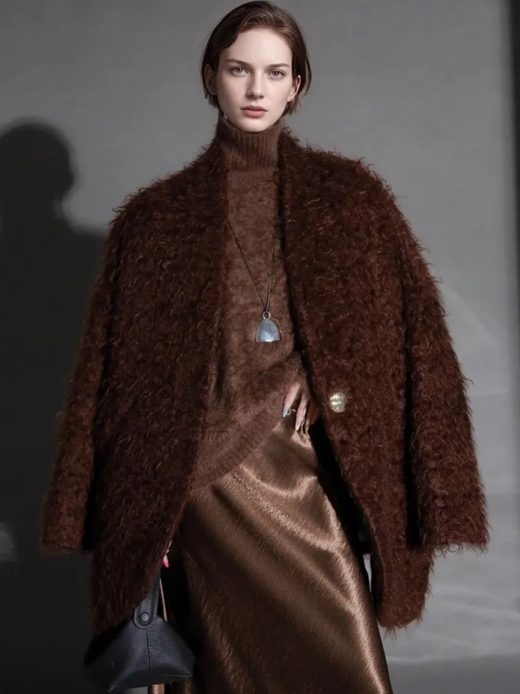 Elegant Fashion Women Solid Color Ripple Wool Coat V Neck Single Breasted Outerwear Winter Overcoat Female Loose Fit Warm Jacket